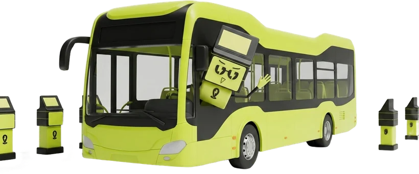 Mascot pinbus lái xe buýt thương hiệu, hai bên đường là các trạm sạc