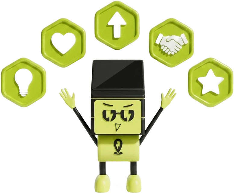 Mascot pinbus cùng năm huy hiệu giá trị cốt lõi