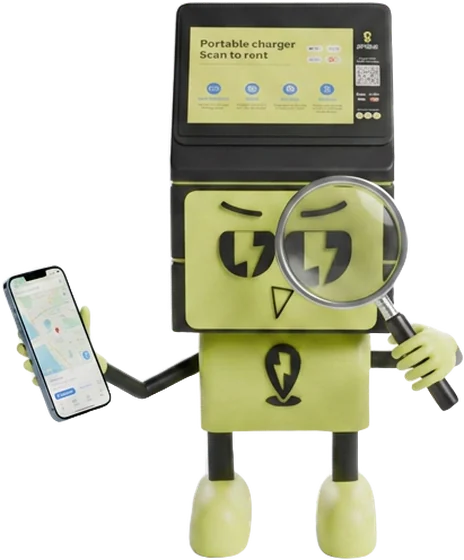 Mascot pinbus cầm điện thoại và kính lúp tìm trạm