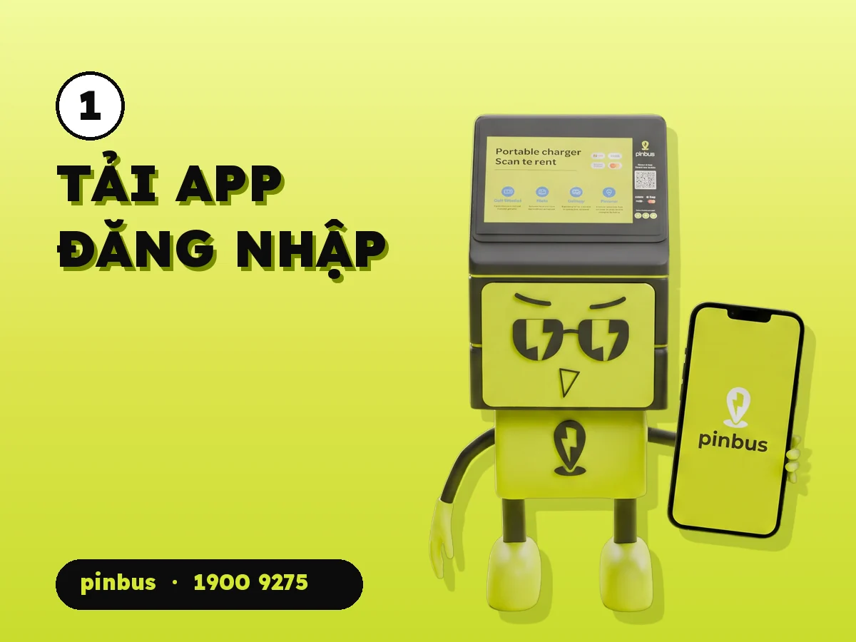 Mascot pinbus cầm điện thoại đã mở ứng dụng Pinbus