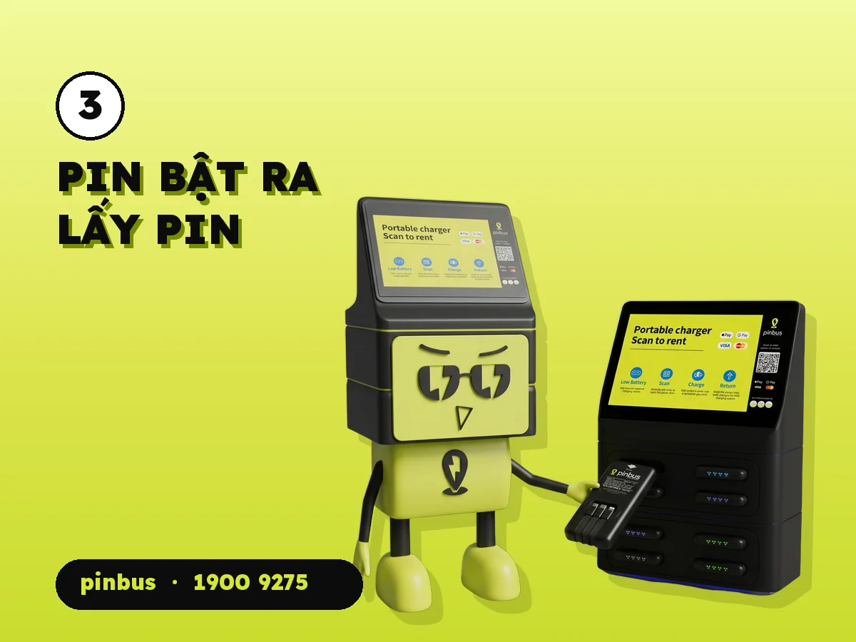 Mascot pinbus rút pin sạc dự phòng ra khỏi khe trạm