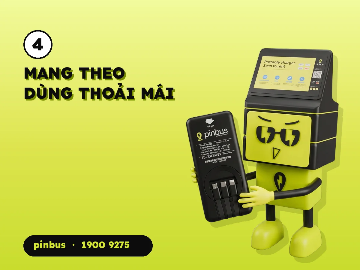 Mascot pinbus đưa viên pin sạc dự phòng về phía người xem